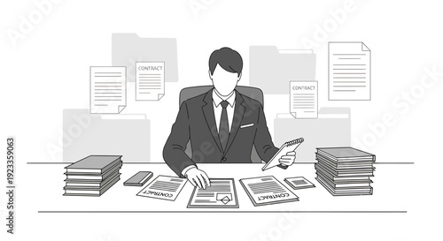 Person in suit at desk with many documents, paperwork, and folders