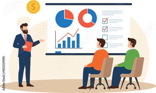 Business Presentation Vector Illustration with Financial Charts and Team Meeting for Corporate Training Strategy Planning and Data Analysis Designs