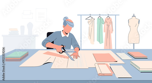 Seamstress cutting fabric pattern for fashion design on table with mannequin