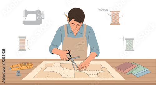 Seamstress cutting fabric pattern with scissors, sewing machine, spools of thread.