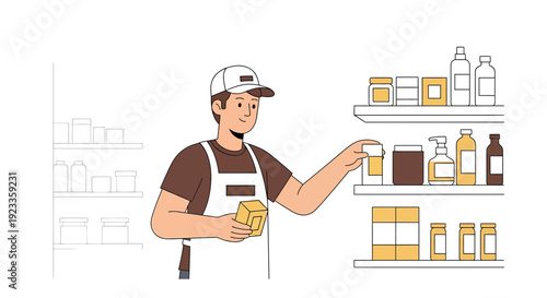 Shopkeeper Arranging Products on Shelves, Grocery Store, Retail Display