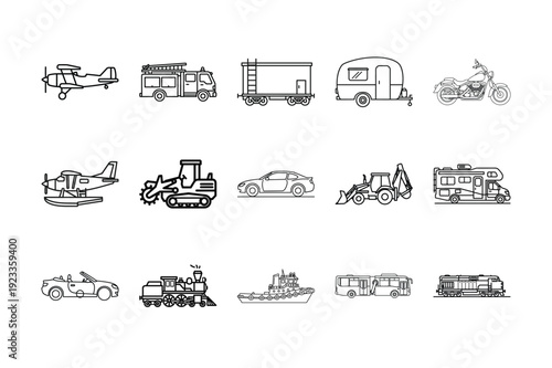 Transportation and Vehicle Line Art Icon Set Including Construction Machinery Public Transit Aircraft and Personal Travel Vehicles for Design Projects