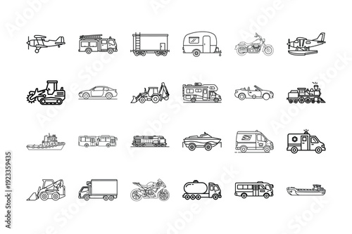 Comprehensive Vehicle and Transportation Icon Collection Featuring Emergency Services Industrial Machinery Logistics Delivery Vans and Public Transit Illustrations