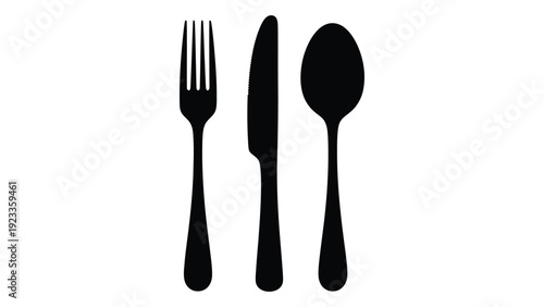 A black silhouette of a fork, knife and spoon isolated on white background, Vector