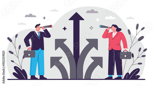 Two business professionals look through spyglasses at multiple arrows, symbolizing future opportunities and strategic paths.