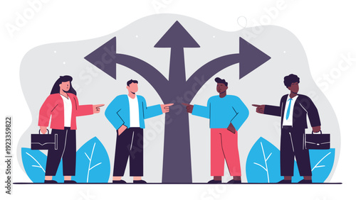Four diverse business professionals stand at a crossroads with four arrows, pointing to multiple strategic directions.