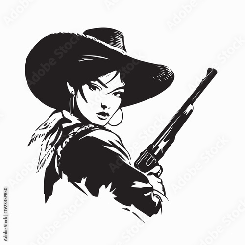 Beautiful Young Cowgirl Carrying Guns Logo Vector Illustration Design