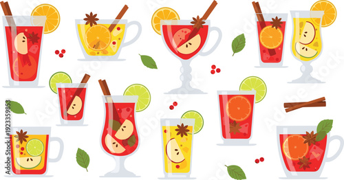 Mulled Wine Drinks Vector Set with Fruits Spices and Hot Glass Beverages for Winter Holiday Menus Christmas Markets and Seasonal Designs