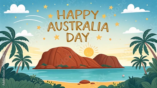 Happy Australia Day celebration with golden sunset, palm trees, and Uluru landscape illustration