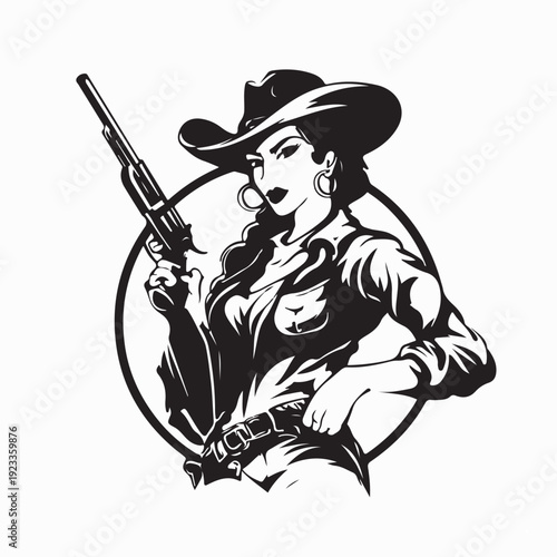 Beautiful Young Cowgirl Carrying Guns Logo Vector Illustration Design