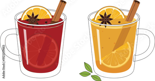 Mulled Wine and Hot Citrus Drink Vector Illustration with Cinnamon and Spices for Winter Holiday Menu and Cozy Seasonal Designs