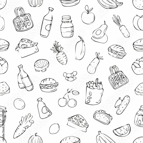 Handdrawn seamless pattern with various food and drink doodles.