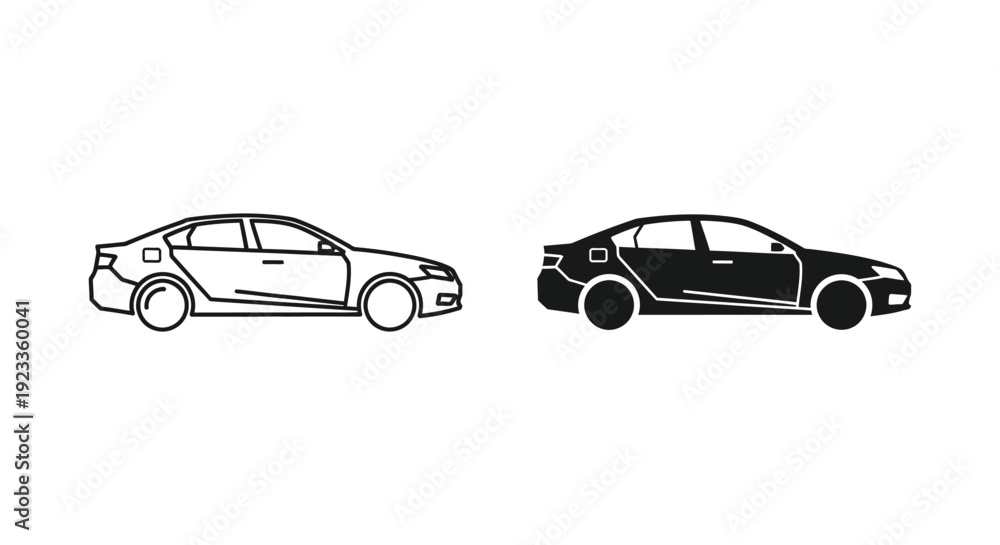 Obraz premium Minimalist modern sedan car icons in outline and solid silhouette styles for automotive design and mobile app interfaces