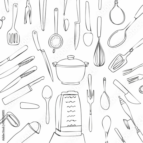 Kitchen Utensils Line Art Illustration Cooking Tools Kitchenware.