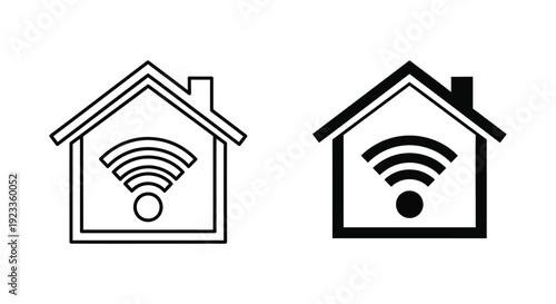 Minimalist smart home icons showing house silhouettes with Wi-Fi signal symbols for wireless internet connectivity, home automation, and remote network access.