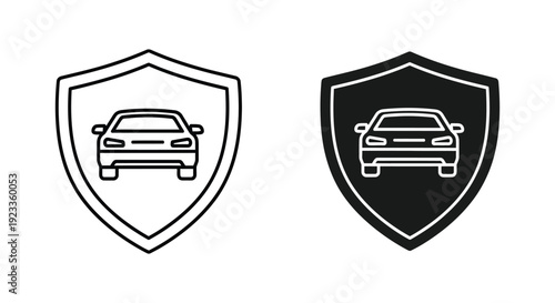 Minimalist car insurance and vehicle protection icons featuring a shield and sedan silhouette for automotive security and safety service branding.