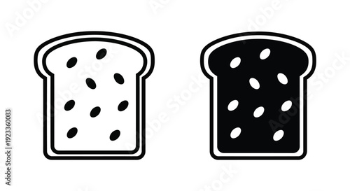 Minimalist black and white vector icons of whole grain bread slices with seeds for bakery branding and healthy food menu design