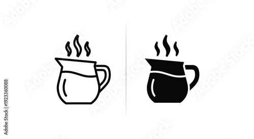 Minimalist milk pitcher and creamer icons with rising steam, featuring both outline and solid silhouette styles for cafe menus, kitchen branding, and breakfast service design.