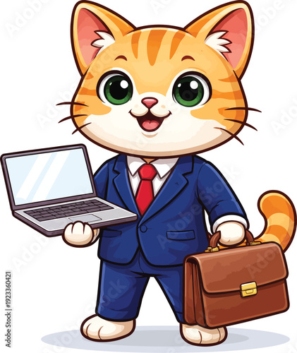 A stylish cartoon cat dressed as a professional holding a laptop and briefcase
