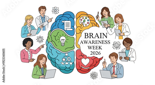 Illustration of people engaging in various activities around a colorful brain graphic with the text 'BRAIN AWARENESS WEEK 2026' in a clean white background, conveying neuroscience education