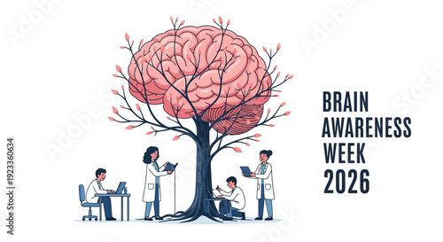 Illustration of people engaging in brain research under a tree with a brain for leaves, symbolizing Brain Awareness Week 2026 with a theme of neuroscience education and brain health