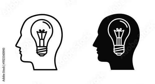 Minimalist vector icons of a human head profile with a lightbulb inside, symbolizing creative thinking, innovative ideas, and intellectual problem-solving for business and education.