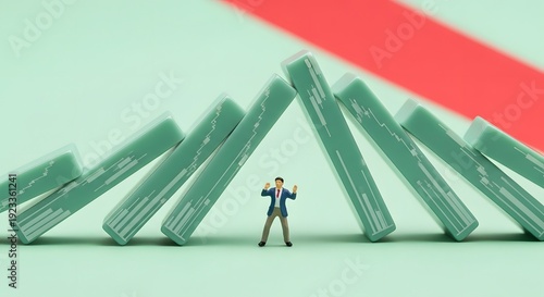 Miniature figure facing falling blocks with red arrow overhead