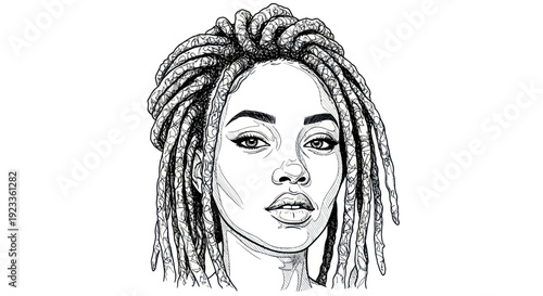 Black Woman Portrait with Dreadlocks, Sketch Art, Line Drawing, African American Female Face