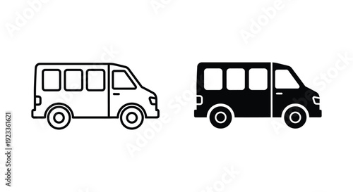 Minimalist van and shuttle bus icons in outline and solid silhouette styles for public transportation, delivery logistics, and travel service design