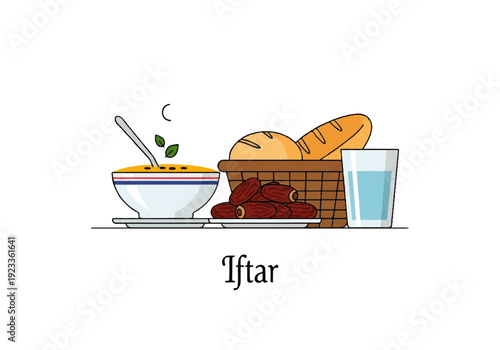 Flat design illustration vector of a traditional iftar meal setup with a bowl of food, bread in a basket, and a glass of water on a clean white background.