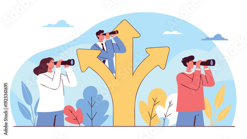 Three business professionals look through spyglasses at a three-way branching arrow, deciding on a course.