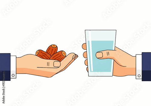 Flat design illustration of two hands, one holding almonds and the other a glass of water, against a clean white background in a simple vector style.