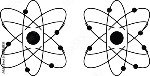 Abstract atomic structure icon with electron orbits around nucleus isolated on white background, modern physics science symbol vector illustration design