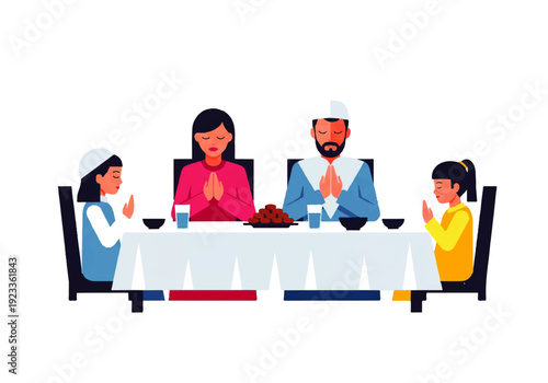 Flat design illustration vector of a multicultural family praying together at a dinner table with a white tablecloth against a plain white background.