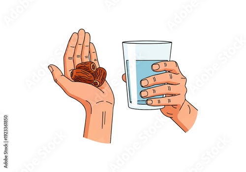 Flat design illustration vector of two hands, one holding a glass of water and the other with medication, against a clean white background with a simple and informative style.