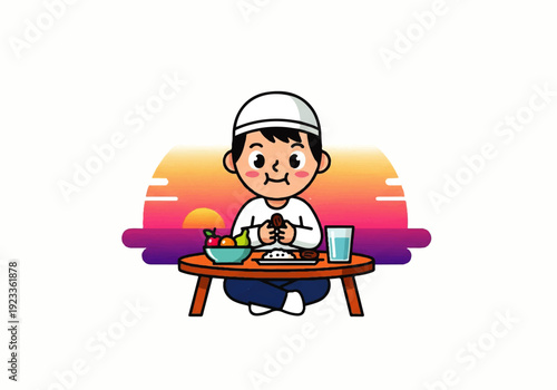 Flat design illustration vector of a smiling young boy sitting at a table eating with a colorful sunset background.