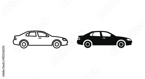 Minimalist sedan car icons in outline and solid silhouette styles for automotive branding, transportation services, and vehicle rental apps.