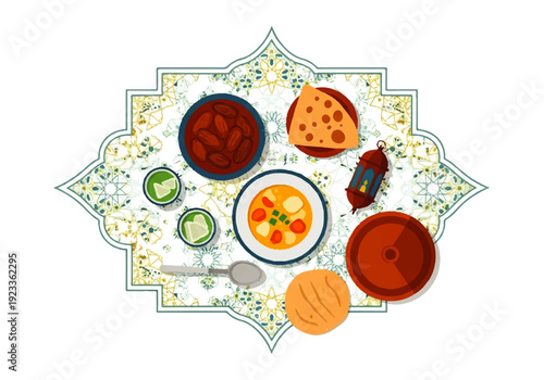 Flat design illustration vector of a colorful Indian meal arrangement on a decorative plate with a variety of dishes and utensils.