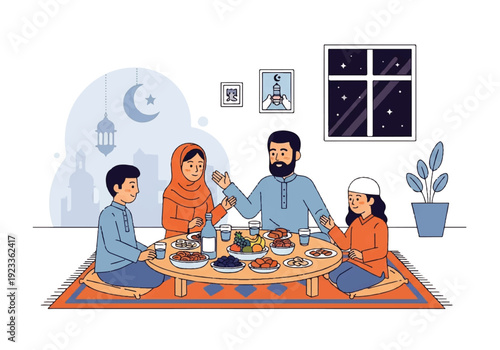 Flat design illustration vector of a Muslim family sharing a meal together on a colorful rug in a cozy home interior with a window and plant, conveying a warm and intimate atmosphere.