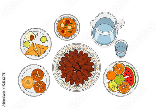 Flat design illustration vector of a variety of food on plates and a pitcher of water on a white background.