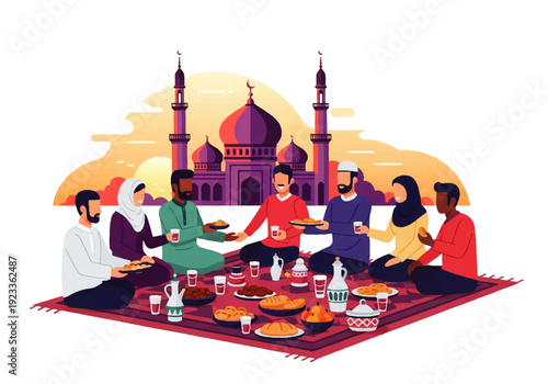 Flat design illustration vector of a diverse group of people sitting on a rug eating food with a mosque in the background.