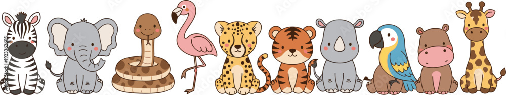 Obraz premium Cute Baby Safari Animals Row with Zebra, Elephant, Tiger, Giraffe, and Flamingo Cartoon Illustration for Nursery Design, Kids Education, and Wildlife Themes