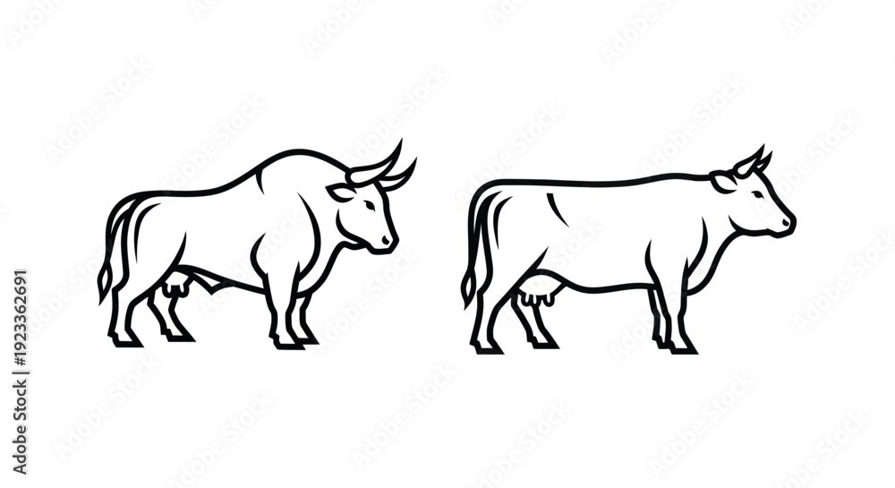 Fototapeta premium Bull and Cow Icon Set, Livestock Farm Animals Silhouette, Farm Business