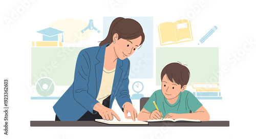 Teacher helping student with homework, learning and education concept