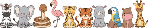 Cute Baby Safari Animals Row with Zebra, Elephant, Tiger, Giraffe, and Flamingo Cartoon Illustration for Nursery Design, Kids Education, and Wildlife Themes