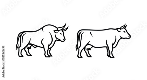 Bull and Cow Icon Set, Livestock Farm Animals Silhouette, Farm Business
