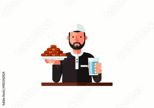 Flat design illustration vector of a man holding a plate of food and a drink in a minimalist style with a neutral background.