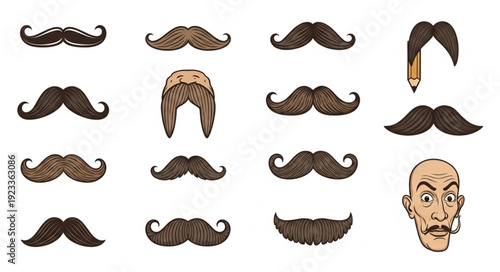 Collection of diverse mustache styles and a mans face.