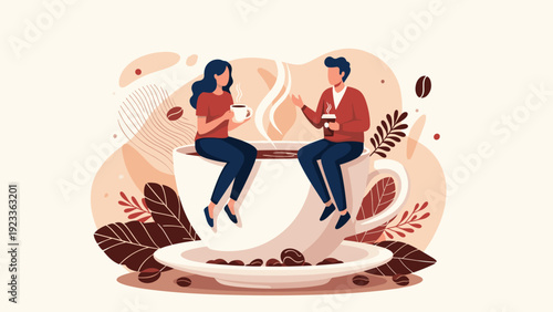 Creative illustration of a man and a woman sitting on the edge of a giant steaming cup of coffee surrounded by coffee leaves and beans.