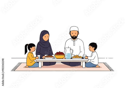 Flat design illustration vector of a Muslim family sharing a meal together on a traditional rug with a variety of food and drinks, conveying a sense of togetherness and celebration.